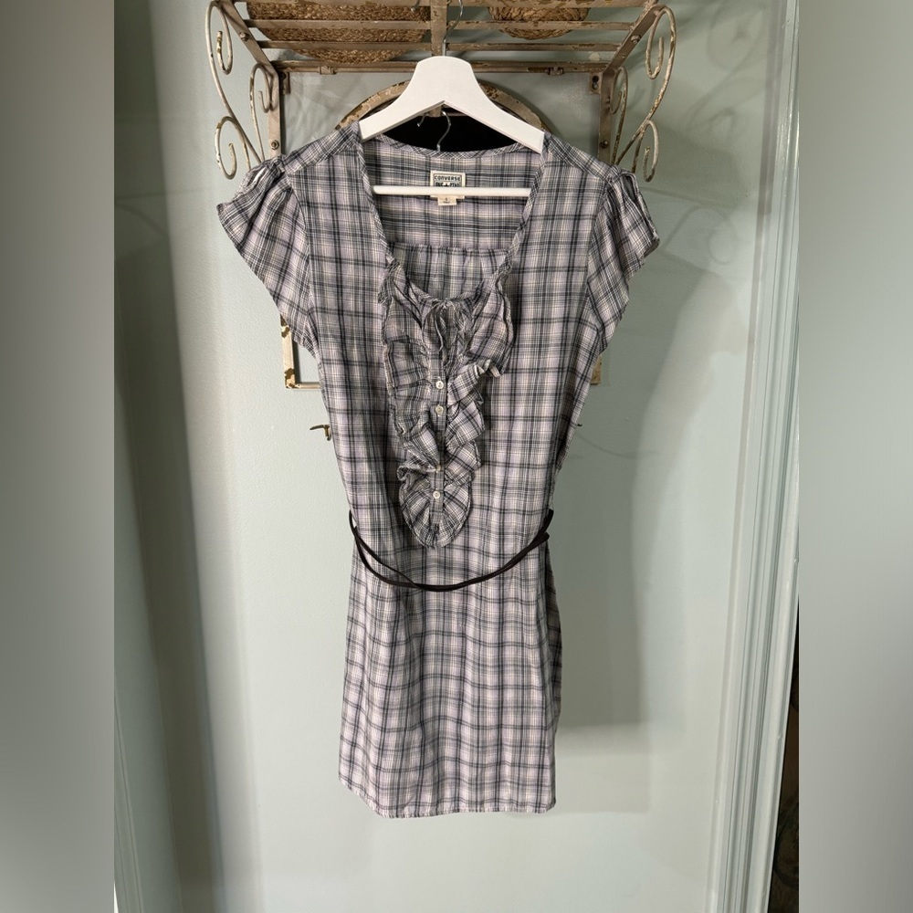 Converse Ruffle Plaid Mini Western Dress with Faux Leather Belt FlutterSleeve SM